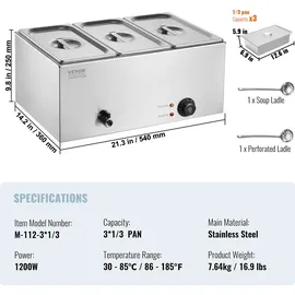 Vevor kommerzieller Speisenwärmer Speisebehälter 3 x 5.3L Edelstahl Buffetwärmer, elektrische Warmhalteplatte, 1200 W Buffetbehälter Buffet-Wasserbad, Buffet-Bain-Marie, 30–85 °C Temperaturregelung