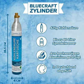 Bluecraft 2x CO2-Kartusche 425g Kohlensäure für bis zu 120 Liter Sprudel Wasser | abgefüllt in Deutschland | Kompatibel mit gäng