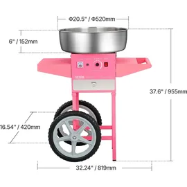 Vevor elektrische Zuckerwattemaschine kommerzielle Zuckerwattegeräte mit Wagen (1000 W) mit 52 cm Edelstahlschüssel & Zuckerschaufel & Schublade, perfekt für Kindergeburtstage Familienfeiern Rosa