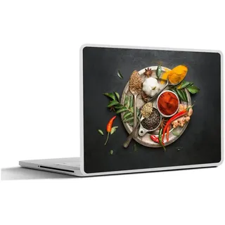 MuchoWow Laptop-Aufkleber Gewürze - Teller - Pfeffer - Schwarz - Löffel - Silber, (1tlg), Laptop Folien Cover, Aufkleber, Sticker, Schutz vor Kratzern, 30x21 cm bunt Ø 36.40 cm x 30 cm x 21 cm