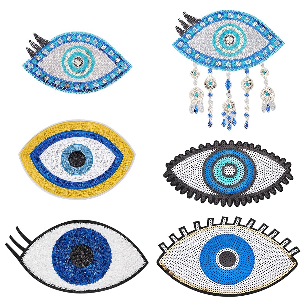 AHANDMAKER 6 Stück große Augen Perlen Patches für Kleidung, Blue Evil Eye Pailletten Patch Eisen Nähen auf Strass Perlen Applikationen für Kleidung Jacken Jean Taschen Stickerei Kleidungsstück Zubehör