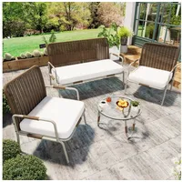 Merax Gartenlounge-Set für 4 Personen mit Eisenrahmen, (4-tlg., 1 2-Sitzer, 2 Sessel, 1 Couchtisch), Gartenmöbel Set Polyrattan, Sitzgruppe, Sitzgarnitur, Balkonmöbel braun