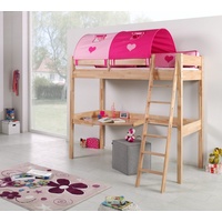 Natur24 Kinderbett Hochbett Renate Buche Massiv Natur lackiert mit Schreibtisch und Textilset braun