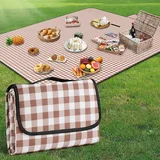 YAOMAISI Picknickdecke, 200 x 200 cm, große Stranddecke, Campingdecke, mit Griff, wasserdichte Unterseite, maschinenwaschbar, faltbar, Wanderdecke, weich und trag (Kaffee-Gitter)
