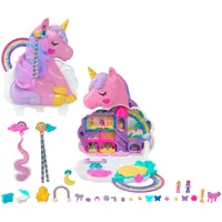 POLLY POCKET HMX18 - Mini-Spielzeug, Regenbogen-Einhorn-Salon-Styling-Kopf und Schatullen-Spielset mit