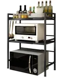 MINGYI Teleskopregal für Küche, 2 Ebenen, Küchenregal, verstellbare Länge (40 – 64 cm), Halterung für Mikrowelle, Gewürzregale 2 Ebenen, Schwarz (40 – 65) × 36,5 × 78 cm