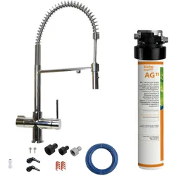 BieTal® Untertisch Wasserfilter Aktivkohle Set 3-Wege Wasserhahn Chrom & Brause
