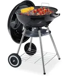 Relaxdays Kugelgrill mit Deckel, Ablage & Aschetopf, fahrbar, Garten & Camping, Grill ∅ 40 cm, Holzkohlegrill, schwarz