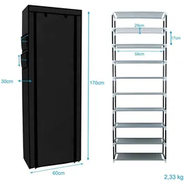 Intirilife Faltschrank 170x58x28 cm in RABEN SCHWARZ - mit Reißverschluss Stoffschrank Kleiderschrank Schuhregal mit 9 Ablagefächern - Camping Steck