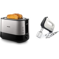 Philips HD2637/90 Toaster, Kunststoff, Schwarz/Edelstahl & HR3741/00 Handmixer (450 Watt, 5 Geschwindigkeiten plus Turbo) weiß/schwarz