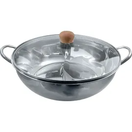 Jade Temple Hot Pot Wok aus rostfreiem Edelstahl Ø 34cm, mit praktischer Trennwand ideal für Hot Pot Gerichte, einfache Reinigung, mit Doppelgriff, im Set mit Glasdeckel, Silber