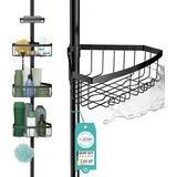Teleskop Duschregal schwarz mit 3 Fach Anti-Rost Schutz (Version 2.0) - Stabiles & flexibles 105-270cm Duschregal Teleskop ohne Bohren - Teleskopregal Bad 4 Körbe - Klemmregal Dusche und Badewanne