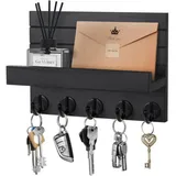 Schlüssel- Und Briefablage Aus Holz Zur Wandmontage Mit 5 Haken, Für Wohnzimmer, Badezimmer, Küche, Eingangsbereich Und Flur – Schwarz