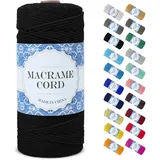 Uiopa Makramee Garn 2mm x 200m, Natürliche Baumwollgarn Baumwollkordel Farbig Baumwollschnur, Makramee-Garn Geflochten für DIY Basteln, Hängepflanze, Wandbehang, Weben Dekoration (Schwarz)
