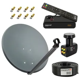 PremiumX Satelliten-Komplettanlage 60cm Satellitenschüssel Anthrazit Quad LNB 50m Antennen-Kabel SAT TV Receiver FullHD