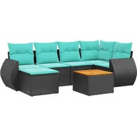 vidaXL 7-teiliges Gartensofa-Set mit Kissen, schwarzes Polyrattan - Schwarz