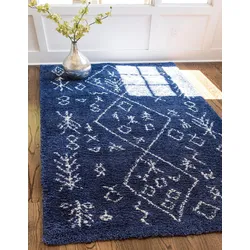 Hochflor-Teppich "Temara Shag Lagerräumung", blau (marineblau, elfenbeinfarben), B:152cm H:51mm L:244cm, Polypropylen (PP), MYFLAIR MÖBEL & ACCESSOIRES, Teppiche, gewebt, Scandi Design, ideal im Wohnzimmer & Schlafzimmer