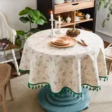 Runde Tischdecke Aus Leinen Und Baumwolle Mit Blumendruck, Waschbare Runde Tischdecke Mit Fransen, Kleine Runde Anti-flecken-tischdecke Zum Dekorieren Für Esstisch, Wohnzimmer, Picknick, 150 Cm Runde