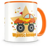 Samunshi® Kindertasse mit Namen Tasse Monstertruck Auto Personalisierte Tasse mit Namen Kinder Kinderbecher mit Namen Kindergarten orange 300ml