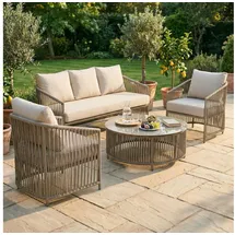 Idimex Outdoor Sofa Set KULO 4-teilig, Champagne – Lounge-Set aus Aluminium mit Rope-Bespannung, Couchtisch mit Glasplatte, inklusive 5 bequemer Kissen, wetterfest für Balkon Terrasse Garten