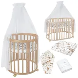 Waldin Oval Baby-Bett Mitwachsend Komplett Set 7in1, Gitterbett, Kinderbett mit Matratze, Wickelkommode, Beistellbett, Holz Natur, Stoffe Weiß Tiere