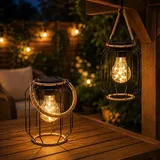 LUMILED 2 Stück Solarlampe für Außen Hängend & Stehend Solar Laterne Vintage mit Dekorative Leuchtmittel Warmweiß Metall Solarleuchte mit Däm... - Schwarz