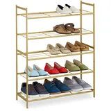 Relaxdays Schuhregal, Metall, mit 5 Ebenen, stapelbar, erweiterbar, HBT 90 x 70 x 26 cm, für bis zu 15 Paar Schuhe, gold