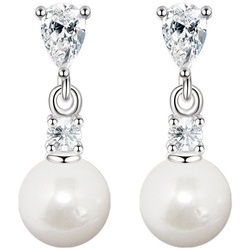 LÖB Perlenohrringe Damen Ohrringe 925 Silber mit Perlen Zirkonia Kurz, Perlenohrringe Hängend Strass Kristall Steine mit Perle Tropfen Weiß Ohrstecker Perlenohrstecker Braut Brautschmuck Hochzeit silberfarben