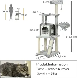 PawHut Kratzbaum aus holz 141,5 cm Sisal Katzenbaum mit Katzenhöhle, Spielball, Hängebett, Kletterbaum mit 2 Plattformen,