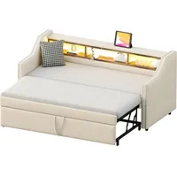 Schlafsofa 90/180x190cm Ohne Matratze Beige Leinen Mit LED USB Staufach Lattenrost Ausziehbar - Beige