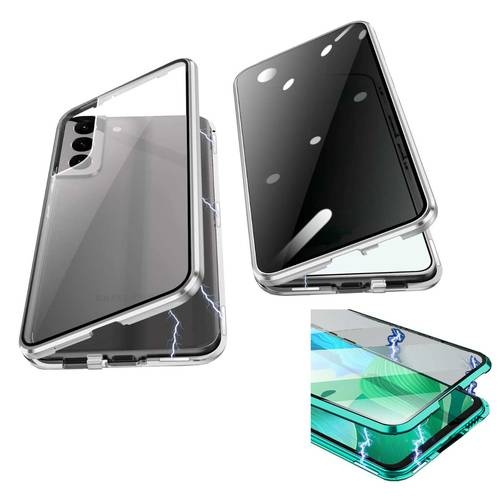Für Samsung Galaxy S23 Plus 5G Beidseitiger 360 Grad Magnet / Glas Privacy Mirror Case Hülle Handy Tasche Bumper Silber