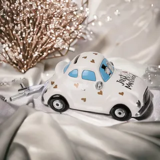 MIJOMA Hochzeitsspardose zur Ehe-Ersparnis: Originelle Spardose mit Schloss, Just Married in Keramik – Perfekt für Ehepaare und Sparfüchse (Hochzeitsauto)