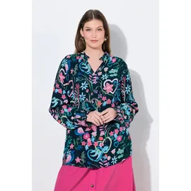 Ulla Popken Damen große Größen Übergrößen Plus Size Tunika, Blüten, Tunika-Ausschnitt, Langarm Marine 50+ 845476130-50+ - 50-52