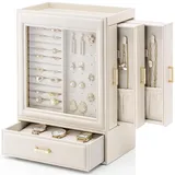 VALNDO Schmuckaufbewahrung Schmuckschrank 5 Ebenen, Schmuckkasten mit Glasdeckel, Schmuckkästchen Groß, Seitliche Schubladen, Vertikale Jewelry organizer, Modern Schmuck Organizers, Beige-Rosa