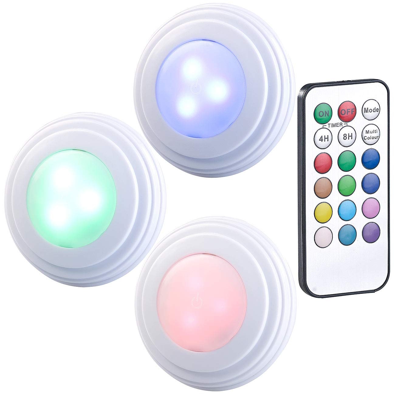 Lunartec LED Spot: 3er-Set RGB+W-LED-Unterbauleuchten, Fernbedienung, Timer, erweiterbar (LED Unterbau, LED Lampe mit Batterie, Glaskantenbeleuchtung)