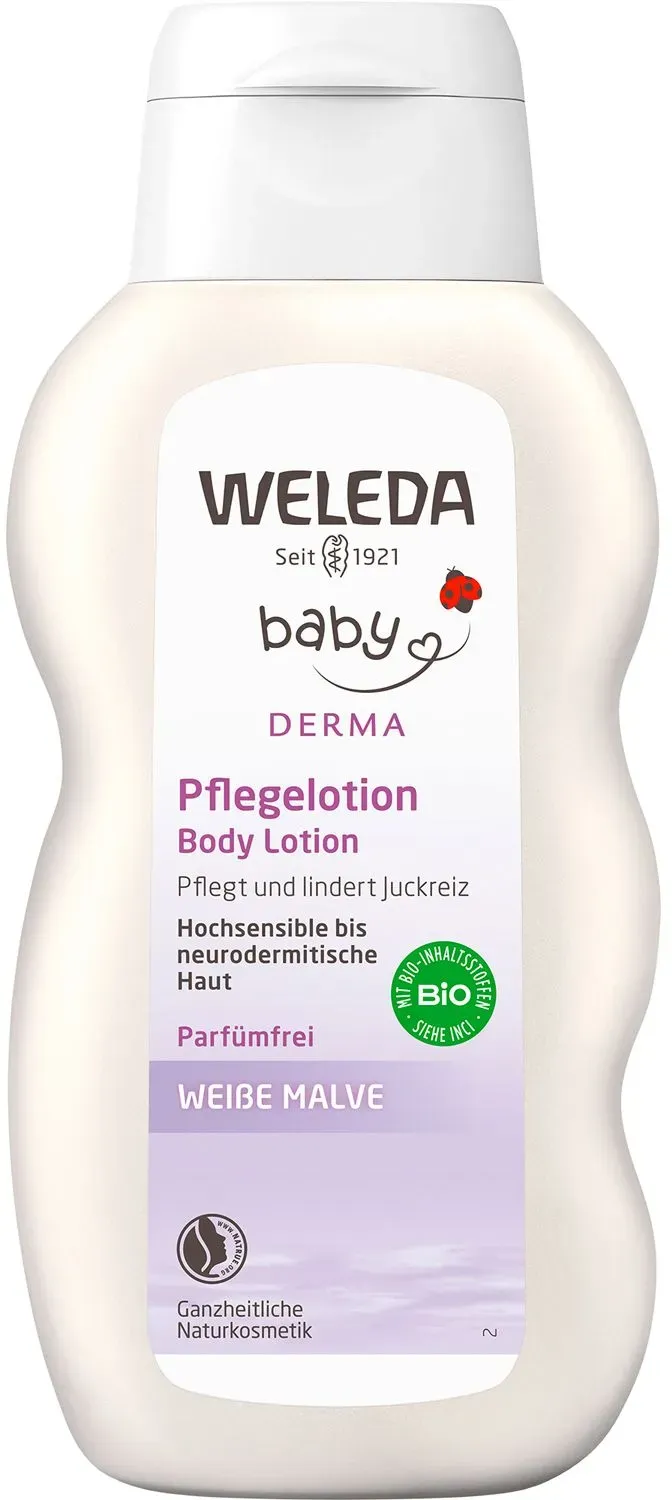 Weleda Baby Pflegelotion Weiße Malve - für hochsensible Haut. Lindert Juckreiz, spendet Feuchtigkeit