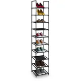 Relaxdays Schuhregal, 10 Ebenen, HBT: 175x33x33 cm, Metall Schuhablage, Stoff Ablage, schmal, Schuhgestell, schwarz/grau, Kunststoff