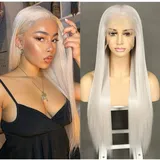 Sapphirewigs Platinum Grau Lange gerade Perücke 13x6 Lace Front Perücke Damen Gerade synthetische Haare 150% Dichte Party täglich tragen Weihnachten 26 Zoll