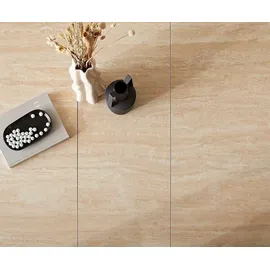 DeLife Esstisch Edge 180-220x100 Keramik Travertin Natur Spider Flachstahl Schwarz ausziehbar, Esstische