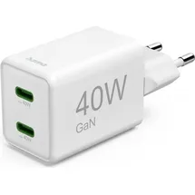 Hama Schnellladegerät, GaN, 2x USB-C, Super-Mini-Ladegerät, PD, 40 W, Weiß