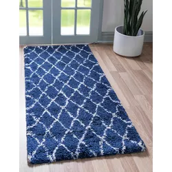 Hochflor-Läufer "Temara Shag Lagerräumung", blau (marineblau, elfenbeinfarben), B:79cm H:51mm L:305cm, Polypropylen (PP), MYFLAIR MÖBEL & ACCESSOIRES, Teppiche, Teppich-Läufer, gewebt, Rauten Design, weich & kuschelig