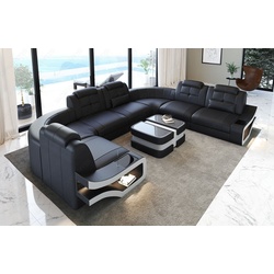 Sofa Dreams Wohnlandschaft Leder Couch Sofa Elena U Form Ledersofa, U-Form Ledersofa mit LED-Beleuchtung schwarz|weiß