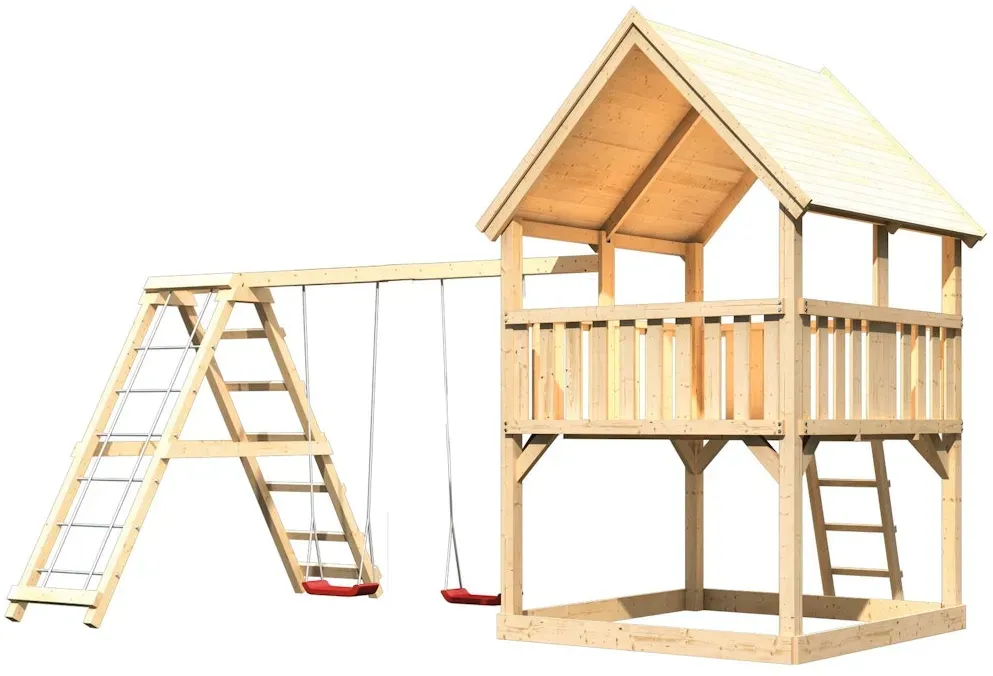 Akubi Kinderspielturm Luis mit Doppelschaukelanbau + Klettergerüst naturbelassen