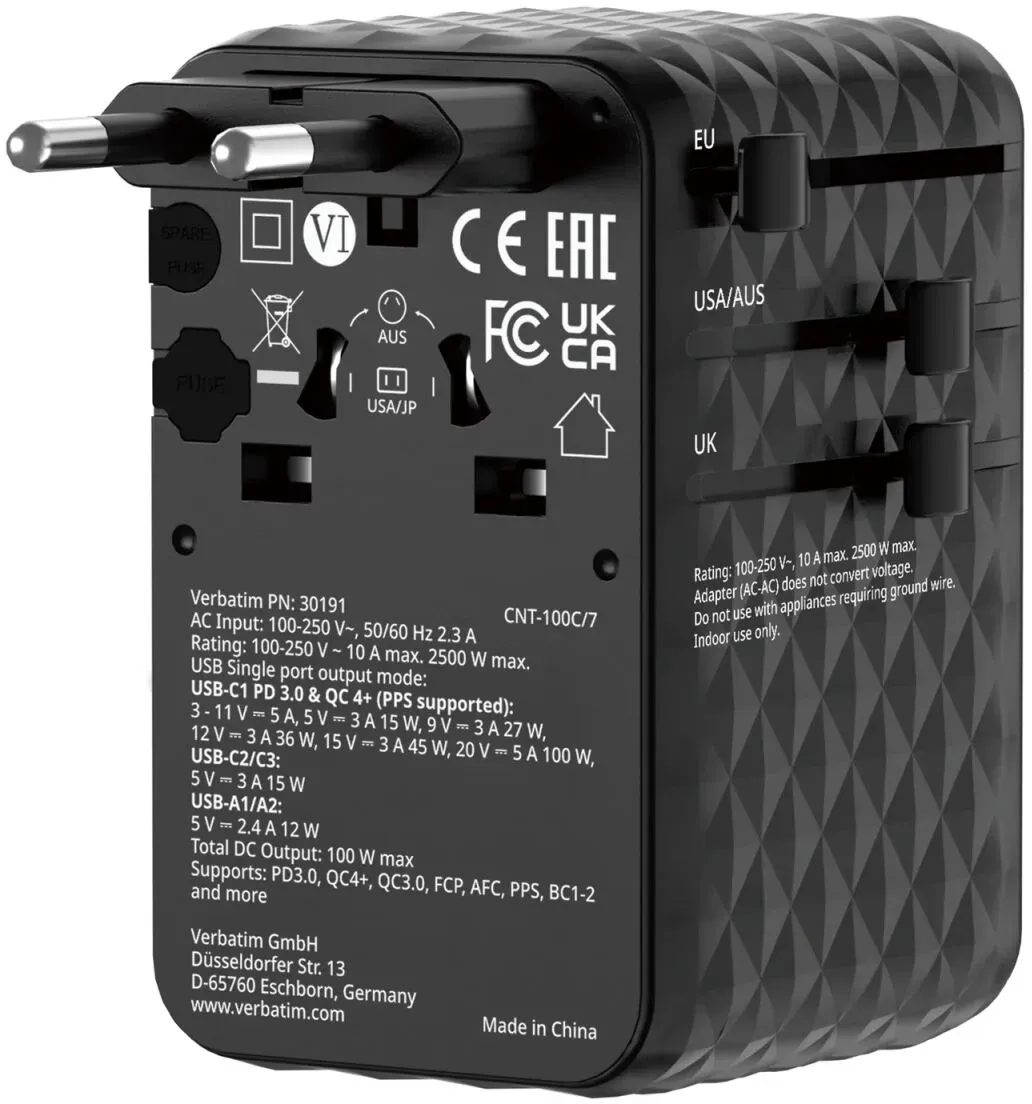 Verbatim 30191 Ladegerät für Mobilgeräte Universal Schwarz AC Schnellladung Drinnen
