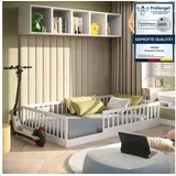 CADANI Kinderbett CADANI Timi Kinderbett Montessori Bodenbett (Rausfallschutz abnehmbar), Bodenbett mit Roll-Lattenrost weiß 125 cm x 205.5 cm x 42 cm
