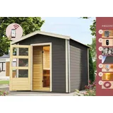 Karibu Saunahaus Außensauna Gartensauna Außensauna JONTE 1 terragrau 38mm Wandstärke 231 x 273 cm großes Sparset mit Ofen und Steuergerät
