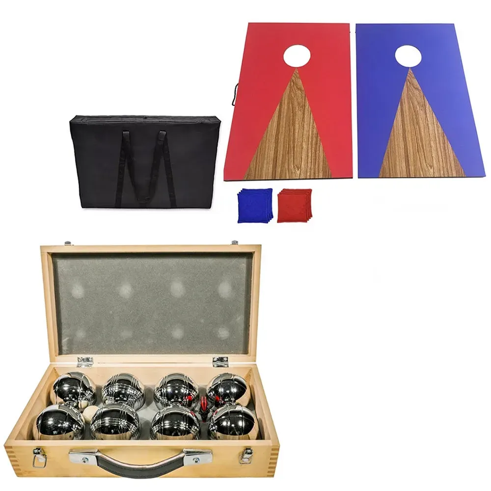 Boule Set Cranit Holzkoffer 8 Boule Pétanque Kugeln inklusive Schweinchen Zielkugel RE65 + Outdoor Cornhole Set CS2 Sackloch-Spiel 90x60 cm 8 Spielsäcke und Tasche NEW