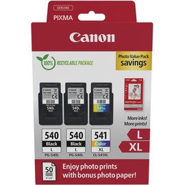 Canon PG-540L 1x CL-541XL Original Patronen + Papier PIXMA MG Tinte+Fotopapier 3 Tintenpatronen; 2x PG-540CL-541XL