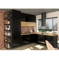 L-Form Küchenzeile FLORENCE 248x245cm lava - schwarz Hochglanz eiche artisan Tei