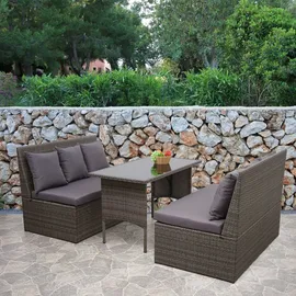 Mendler Poly-Rattan Garnitur HWC-G16, Garten-/Lounge-Set Sitzgruppe, Gastronomie 2x2er Sofa Tisch ~ grau, Kissen dunkelgrau